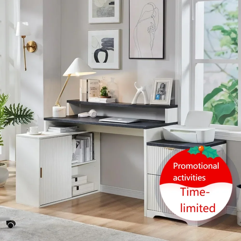 

Горячая распродажа: современный L-образный стол 67 дюймов с тумбой для хранения и ящиками, деревянный офисный стол для дома с розетками, компьютерный стол с рифленой столешницей.