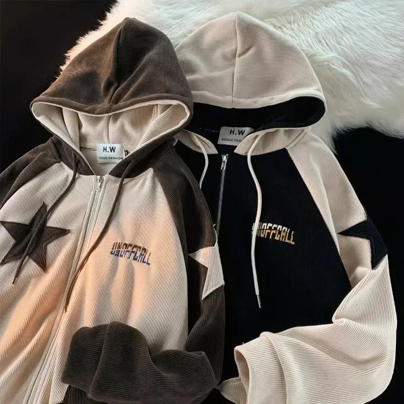 New Trend Retro Patch Stars Embroidered Corduroy Zipper Hoodies For Men And Women Harajuku Gothic Loose Sweatshirts Y2k Tops