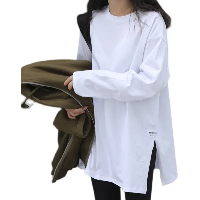 Women's T Shirts Round Neck Long Sleeve Loose Fit Pullover Solid Color Split Hem Mid Length Milk Silk Female Clothing Woman