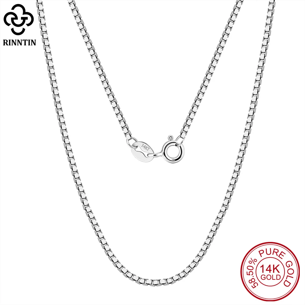 Rinntin Real 14K Solid Gold 0.6/0.8/1.0mm Box Chain Necklace for Women Pure White Gold Rose Gold Women\'s Neck Chain Jewelry GC05