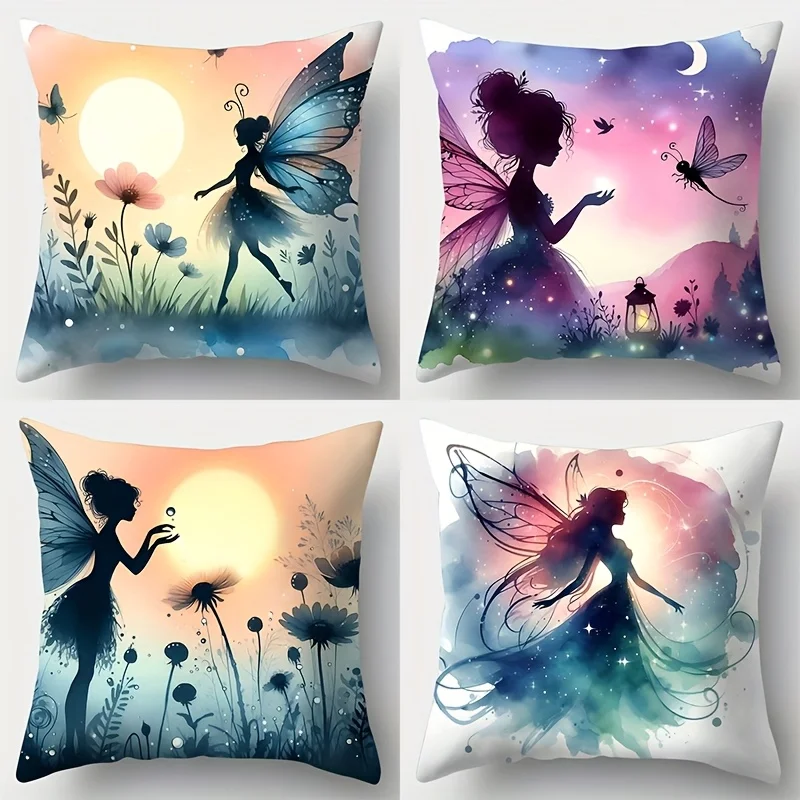 Whimsical Fairy Fantasy Watercolor Pillowcase Cover Set Boho Dreamy Magical Decoration Throw Cushion 4pcs 40x40cm