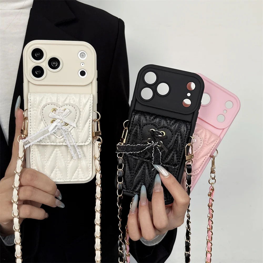 

Luxury Heart Bow Quilted Phone Case for iPhone 17 Pro Max PU Leather Wallet Cover Crossbody Chain Case for iPhone 16 15 14 13