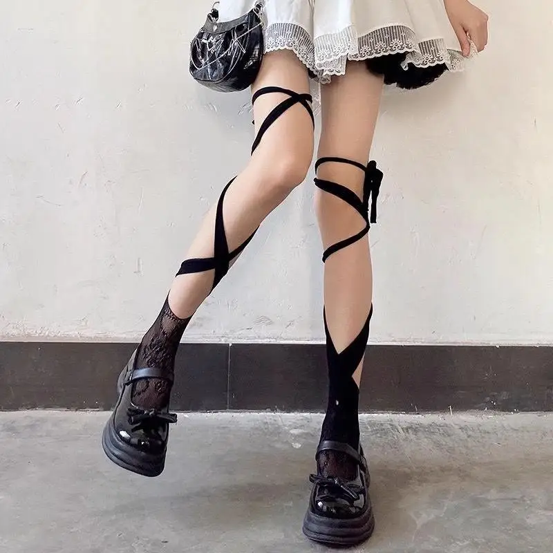 Damen Sommer Sexy Lange Japanische Spitzen-Netzsocken mit geteilter Zehenpartie und Riemchen – Detail 2