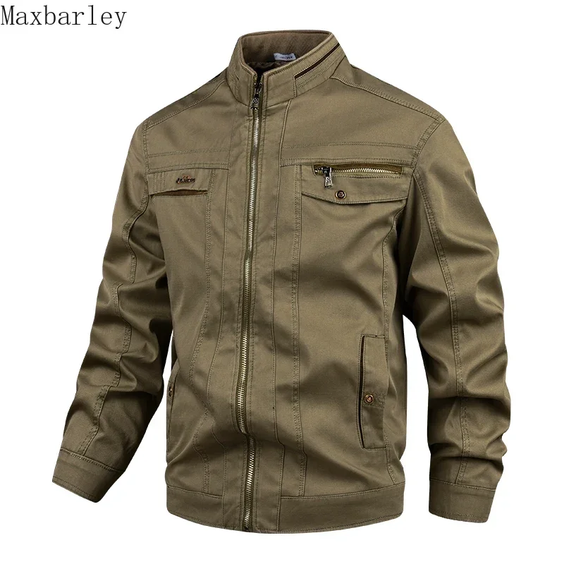 

2024 New Men's Jacket Autumn Vintage Khaki Zipper Stand-up Collar Windproof Jackets High Quality Casual Hiking Work Loose Coat