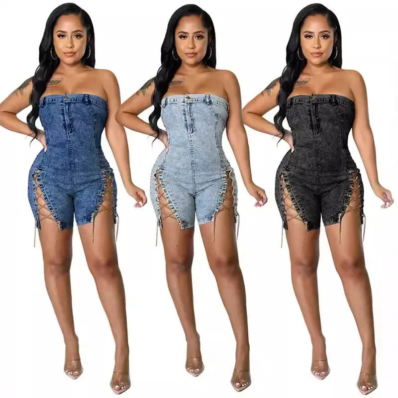 

Denim Jumpsuit Romper Women Streetwear Sexy Strapless Sleeveless Backless Chain Hollow Out One Piece Jeans Shorts Female 2025