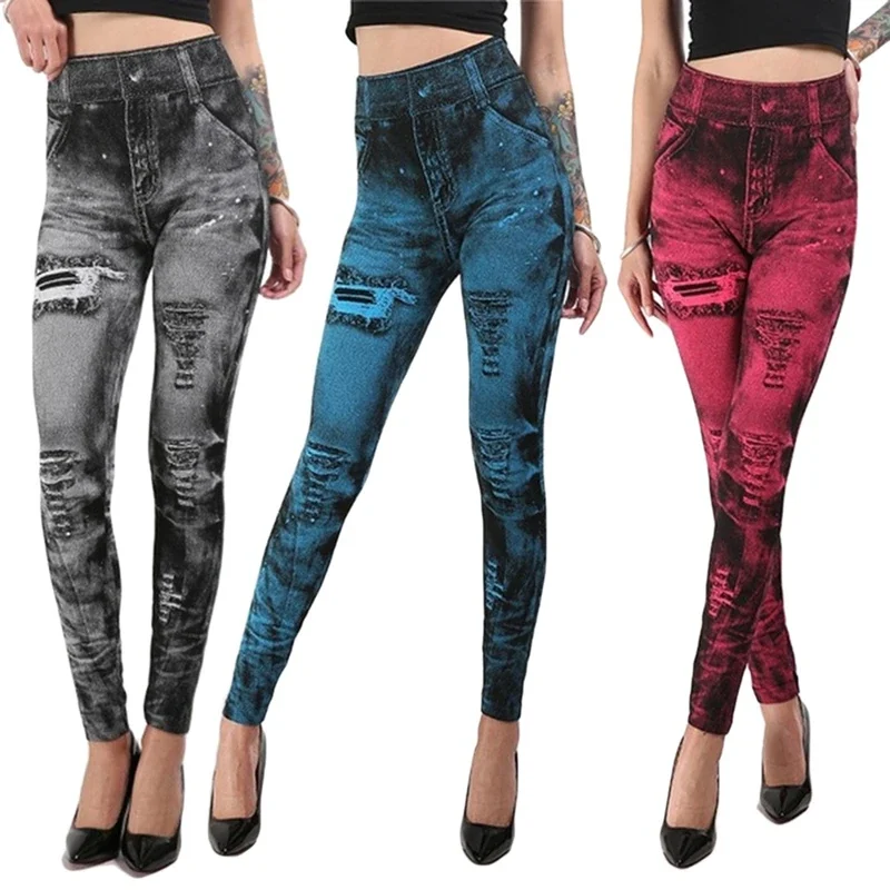 Women Imitation Distressed Denim Jeans Leggings High Waist Pants Fitness Slim Legg Mujer 2022 Sport Push Up Leggings for Women