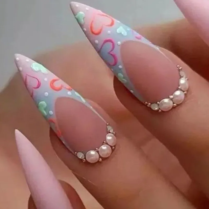 

3D fake nails accessories middle pointed Pink wearing tips rainbow heart with pearls design faux ongles press on false nail set