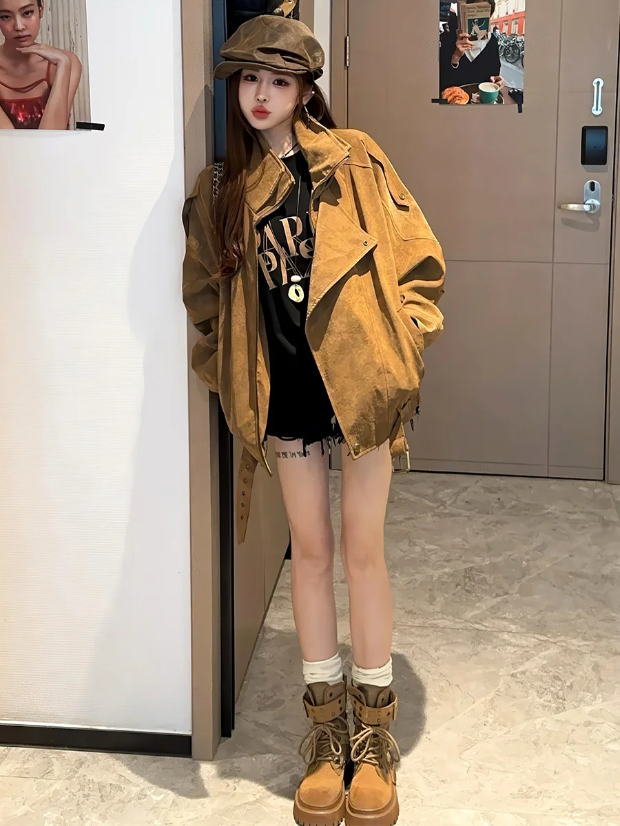 Coreano sle solto confortável feminino jaet outerwear outono novo plus size cor de café roupas da motocicleta ele faion