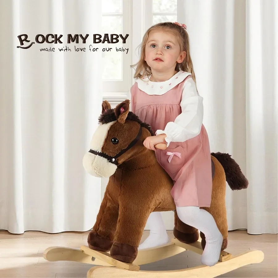 Rocking Horse Dark Brown Horse Rocker for Toddlers 18M+ Plush Ride on Horse Toy with Realistic Sound Soft Stuffed Filling CPC C