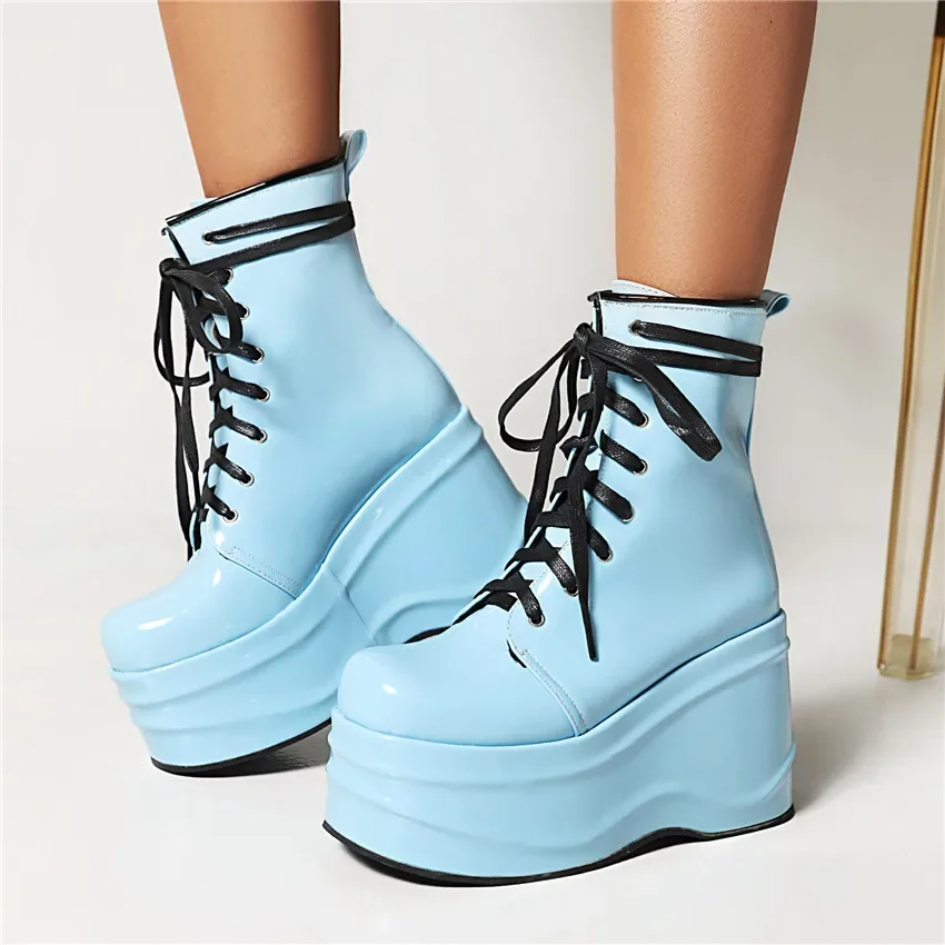 Winter Women Platform Ankle Boots Black Blue Patent Leather High Wedge Heel Lady Club Square Toe Lace-up Flat Bottom Gothic Boot