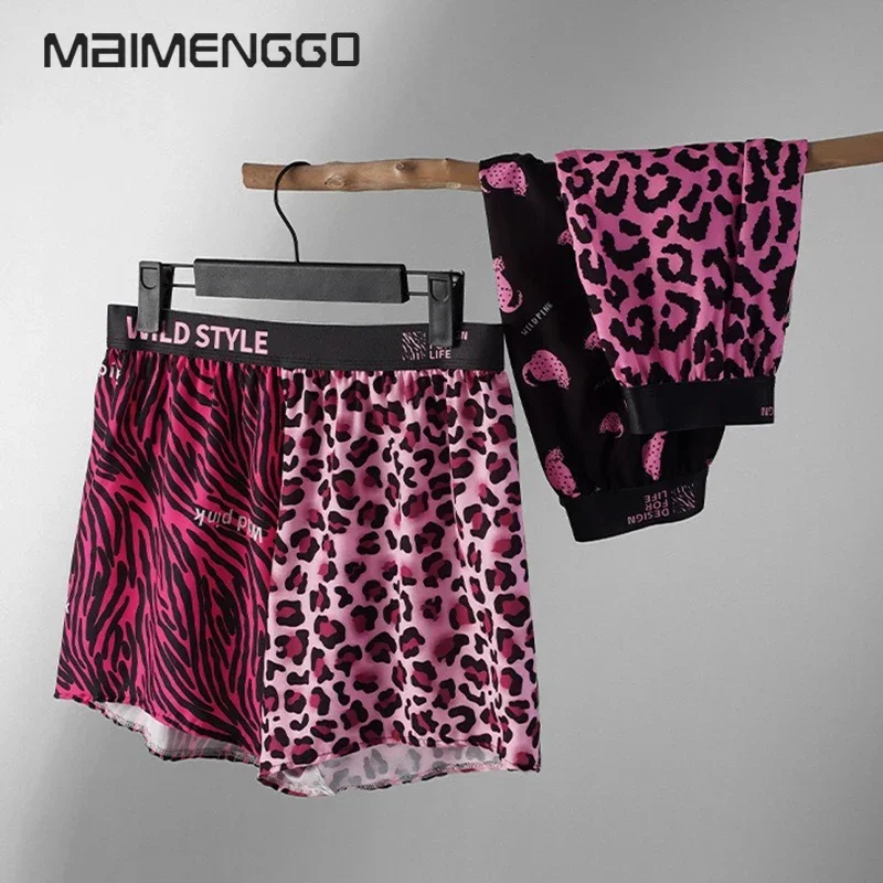 Men's Arlo Pants Pink Leopard Pattern Home Casual Loose Trendy Woven Ice Silk Four cornered Underwear Men