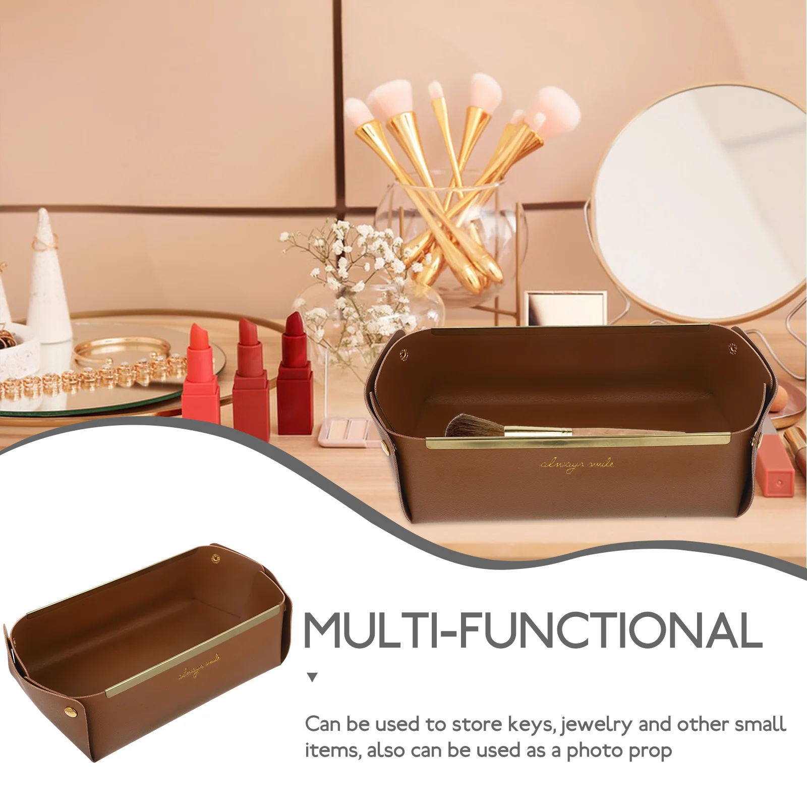 

Elegant Gold Trim Pu Jewelry Tray Organizer Key Storage Ring Holder Trinket Dish Home Decorative Display Plate Wedding