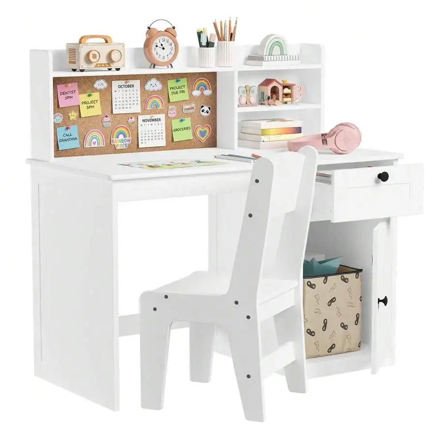 Asofer Kids Study Desk And Chair Set, Kids Study Desk With Hutch, Wooden Children Study Table With Storage Cabinet, Study Desk And Chair Set For Girls Boys,  White view 6