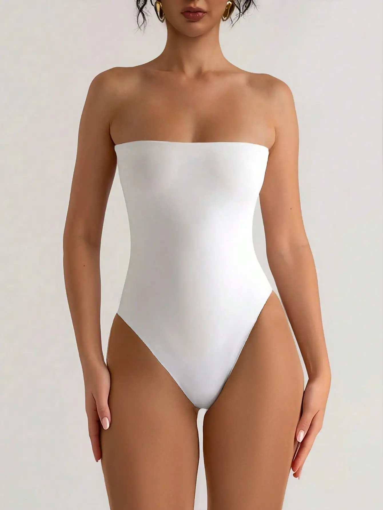 

Summer White High Elasticity Double-Layer Fabric Bandeau Bodysuit, Casual Daily Minimalist Resort Style For Women