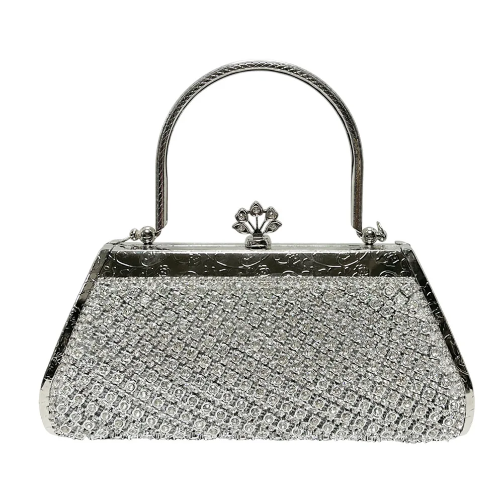Full Silver Rhinestone Evening Handbag With Peacock Shape Clasp & Metal Top Handle, Luxury Formal Dinner Purse For Mature Party