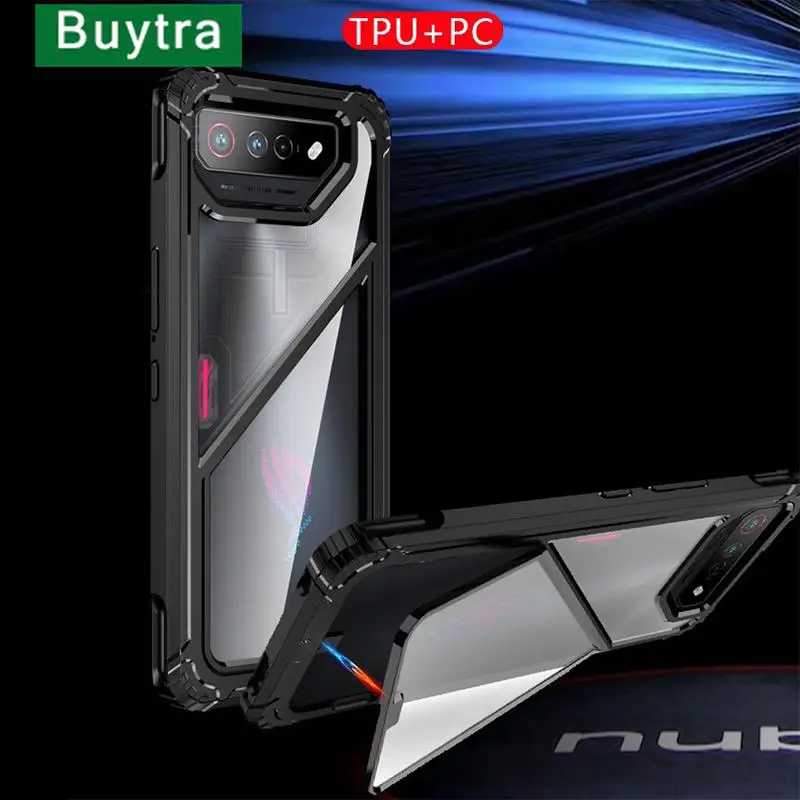 Shockproof Case For Asus ROG Phone 7 Ultimate Rog7 Hard PC + TPU Hybrid Protective Clear Phone Cover W/ Foldable Stand Capas