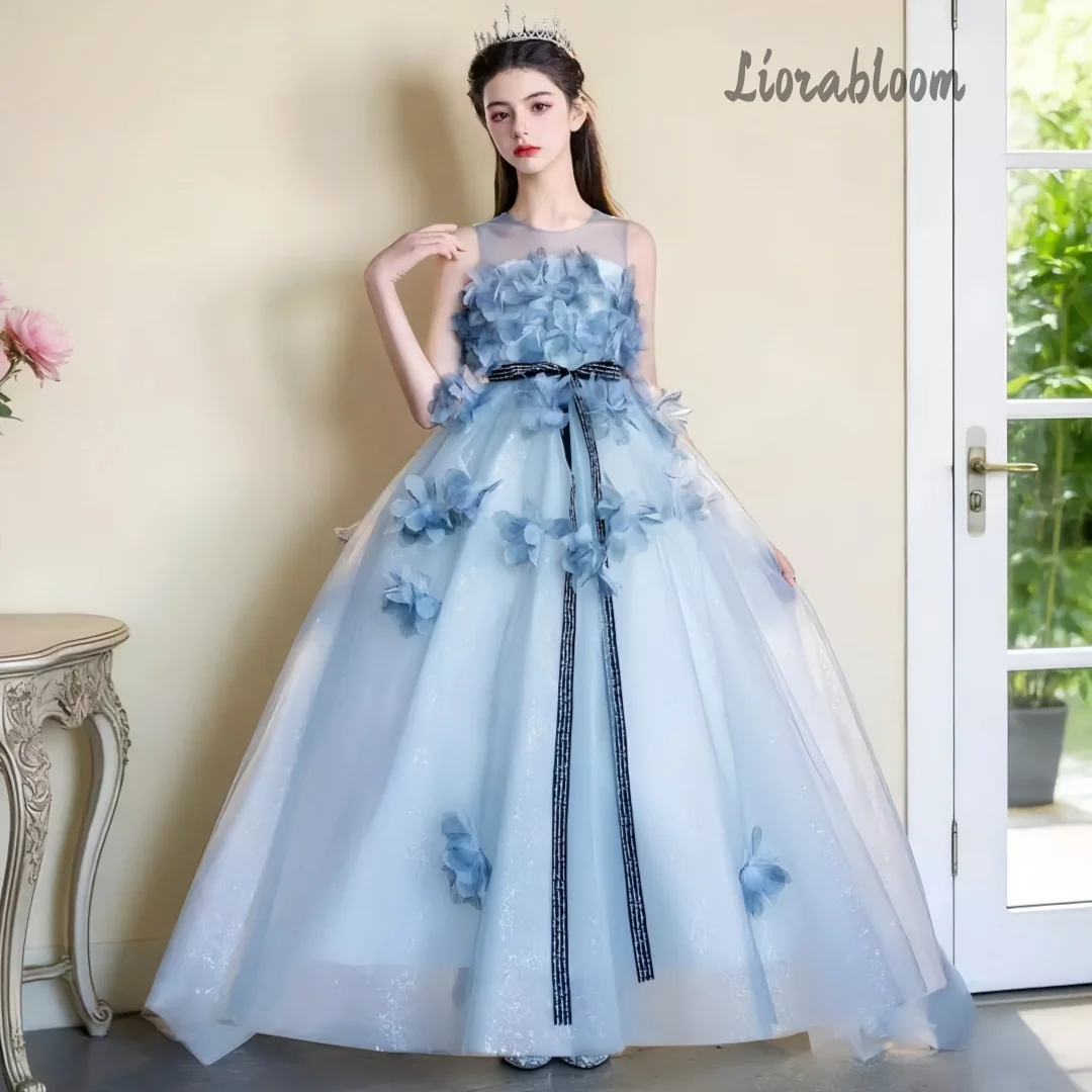 Abito da Cerimonia Extra Large Blu per Ragazze, Elegante Abito da Sera con Strascico Lungo, Vestito da Damigella, Abito da Principessa per Feste