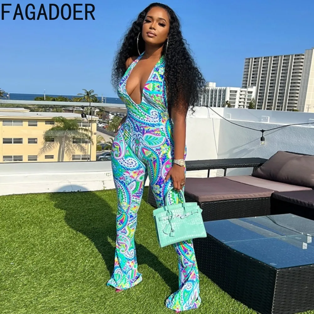 FAGADOER Green Fashion Retro Pattern Printing Halter Bodycon Jumpsuits Women Deep V Sleeveless Backless Playsuits Female Overall