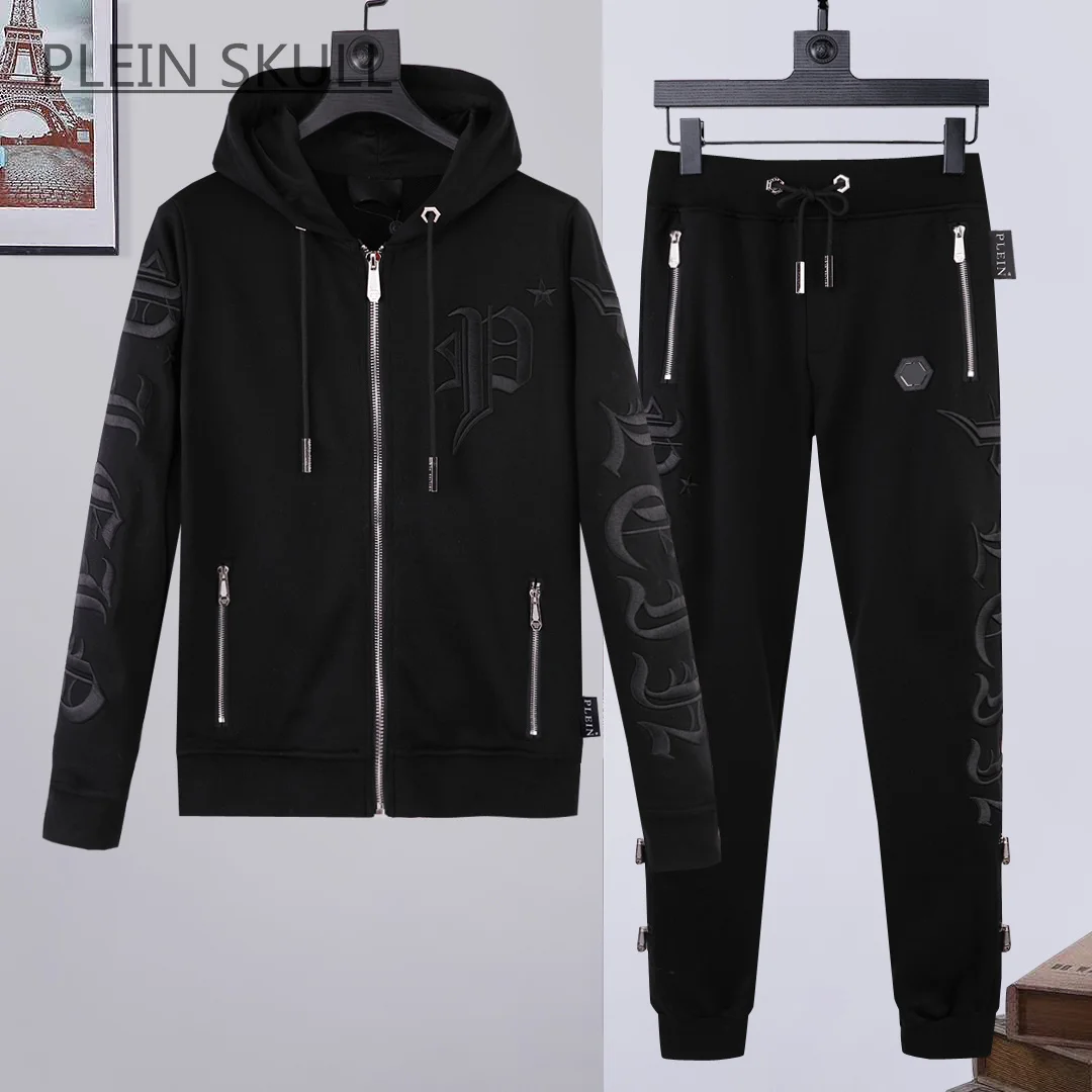 

New Plein Skull Spring Autumn Versatile Round Neck Hooded Suit Men Y2K Coat Daily Casual Coat Pants Luxury Brand Suit M-XXXL