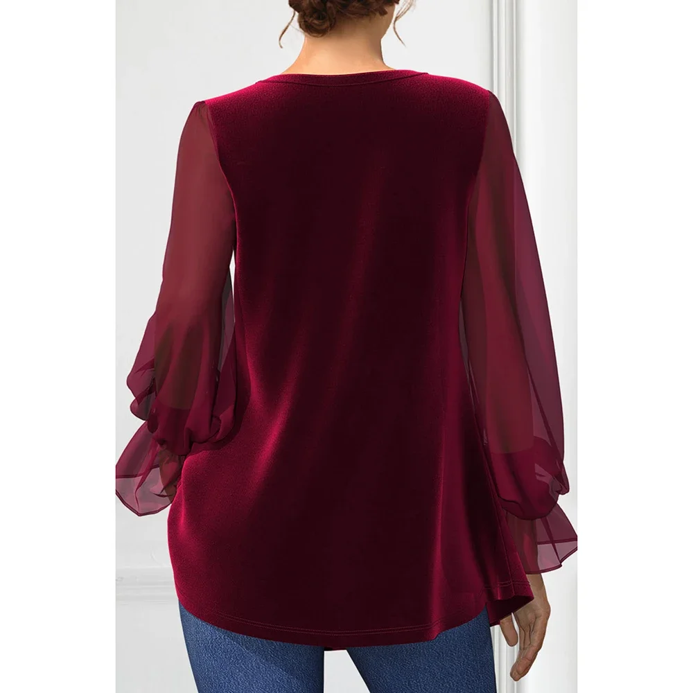 Plus Size Casual Burgundy Velvet Chiffon Patchwork Lantern Sleeve U Neck Elastic Cuff Blouse Christmas Top