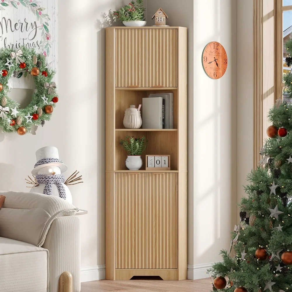

Tall Corner Cabinet with 2 Doors and 2 Open Storage Shelves, 68” Corner Storage Cabinet with Fluted Door Design