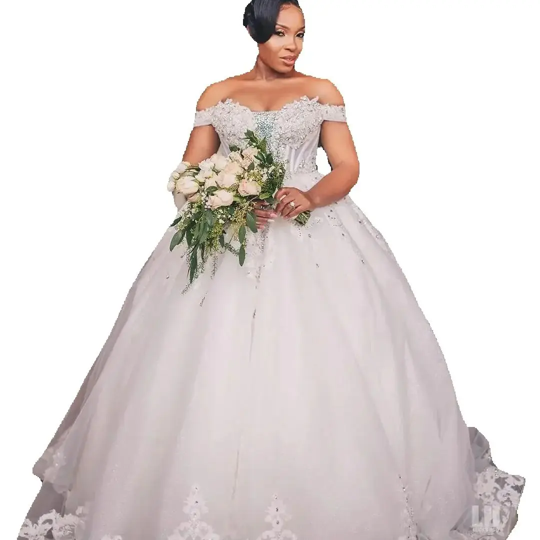 

Customized Shinny Beads Appliques Plus Size Wedding Dress Vestido De Novia Ballgown Off The Shoulder African Bridal Gowns
