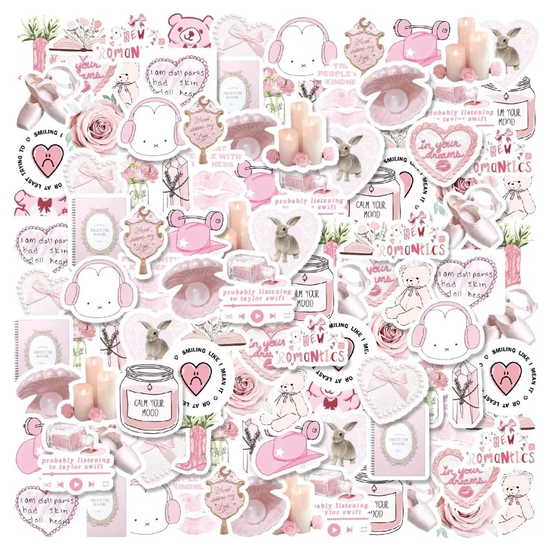 46pcs Bunny, Bear, Perfume Pink Graffiti Stickers Decorated Notebook Water Cup Diary Guitar Student Stationery PVC Decals