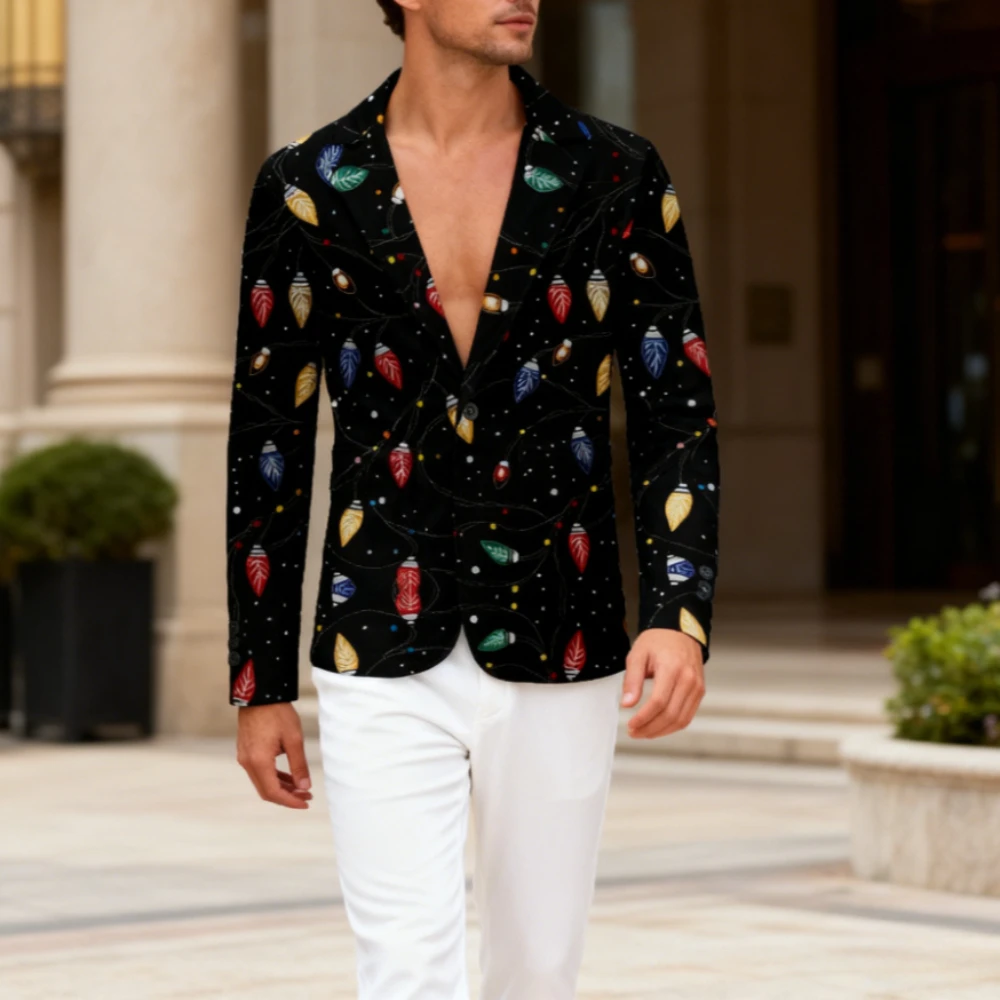 

Мужской черный повседневный пиджак с рождественскими огнями и принтом, красочная новинка, вечерние на одной пуговице для уродливого свитера, праздничная праздничная одежда на тему праздника