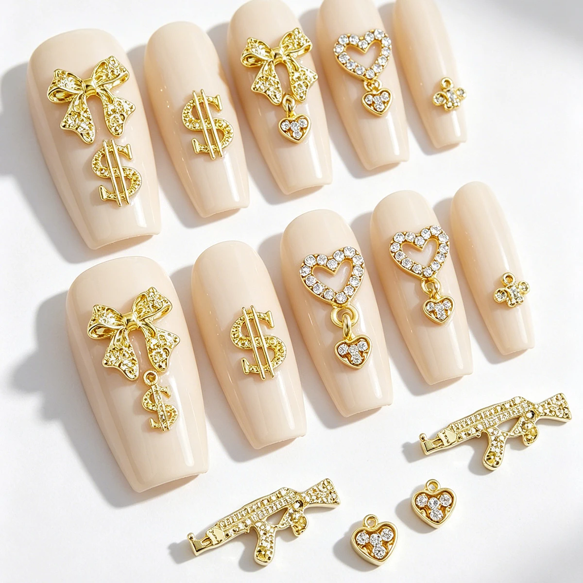 20 Pieces of 3D Gold Nail Art Decorations - Heart-Shaped, Bow-Shaped, Gun-Shaped, and Dollar Sign Rhinestone Decorations, Suitable for Nails/Toes, Perfect for Parties, Weddings, and Balls, Long-Lasting Sparkle