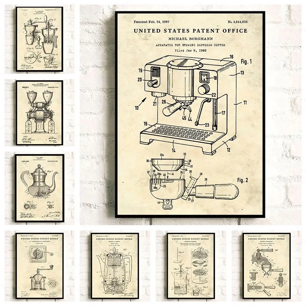 Espresso Coffee Machine Patent Posters French Press Patent Print Canvas Painting Retro Wall Art For Cafe Kitchen Home Decoration