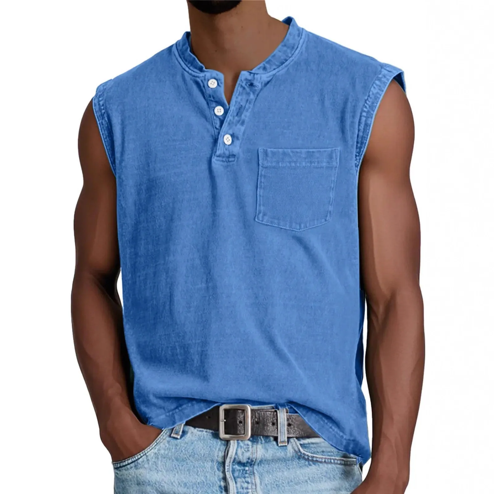 

2025 Sleeveless Wide Shoulder Vest Men's Henley Collar Button Fitness Sports Shirt