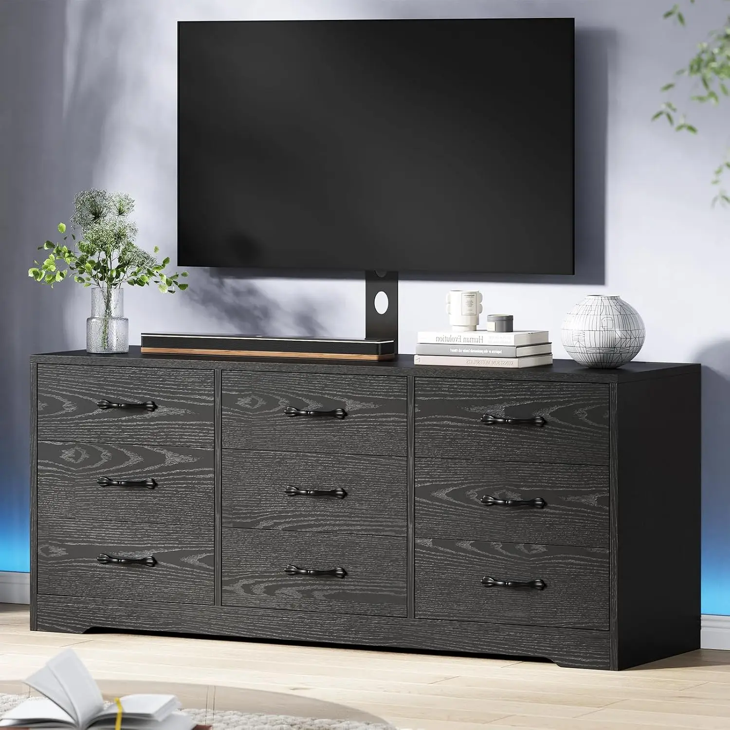 TV Stand Mount For 32-85 Inch TVs, Wood Console With Adjustable Height & 9 Drawers, Living Room Entertainment Center, Customized