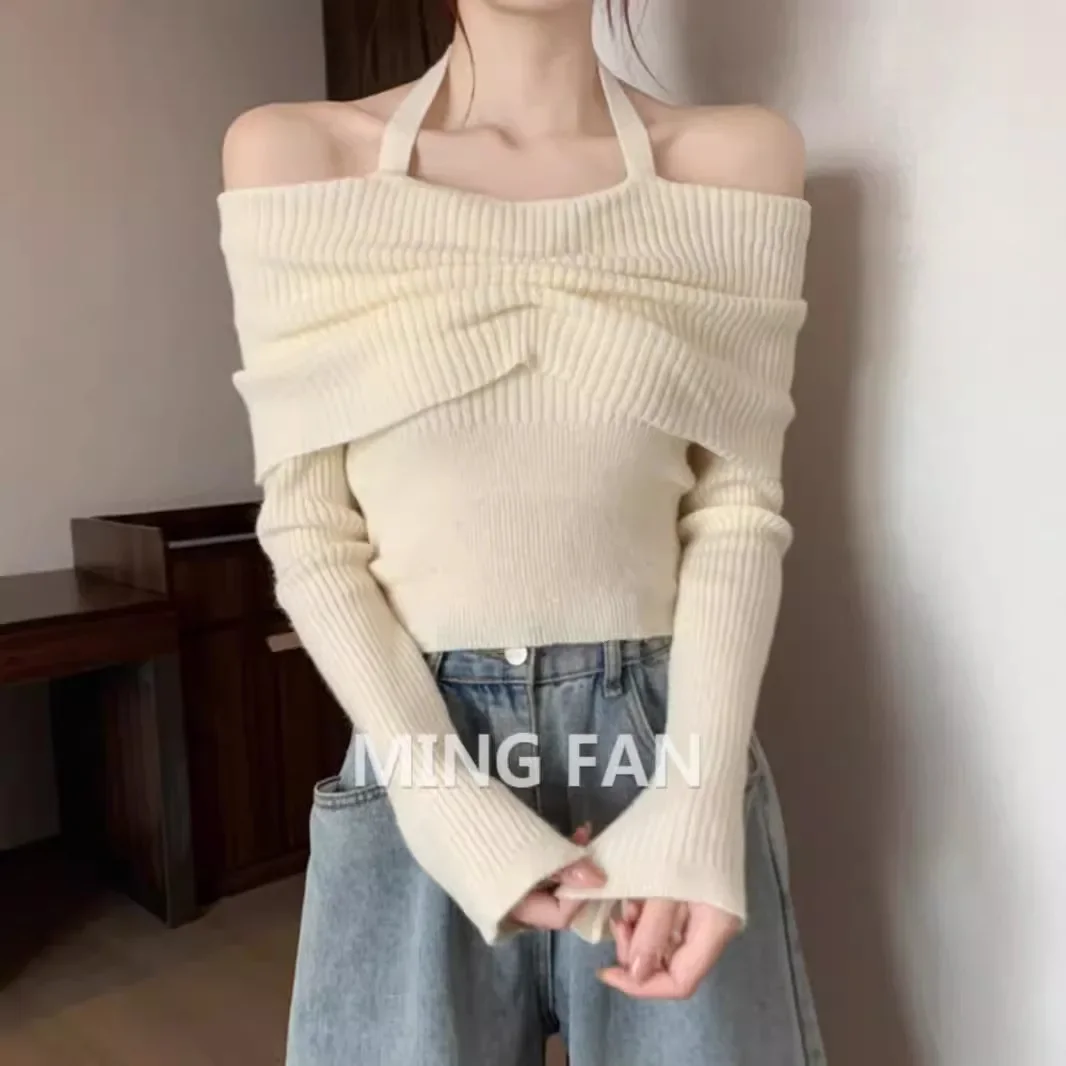 2024 Autumn Winter New Women's Knitted Top Sweater Off-Shoulder Halter Neck Slimming Smoothings Your Silhouette Soft And Supple