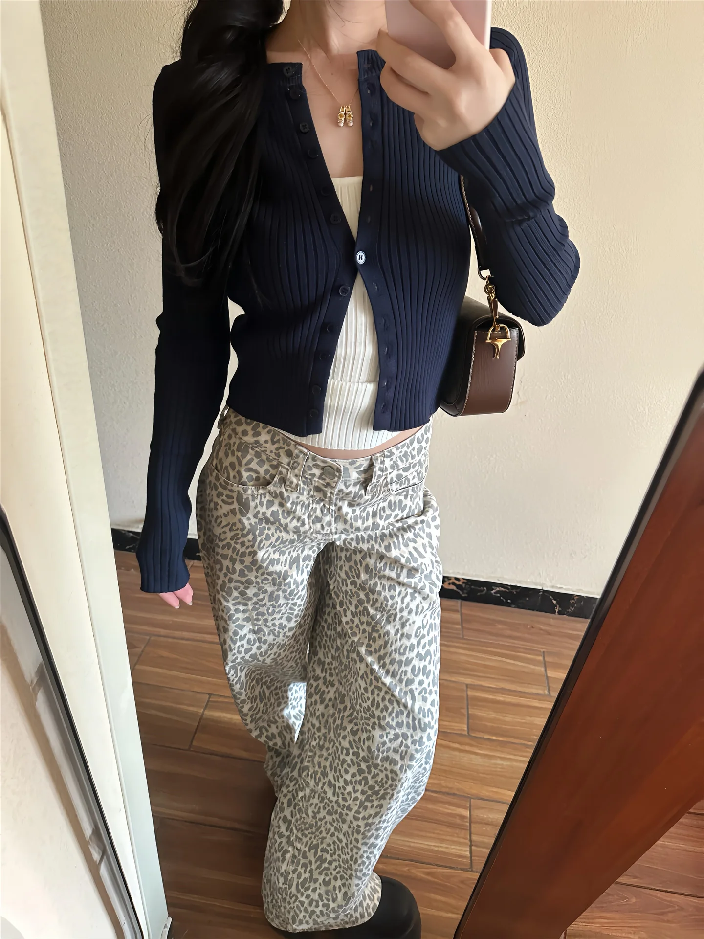 American Vibe Leopard Print Wide Leg Jeans Women's High Waist Slimming Long Casual Floor-Length Pants Spring Season