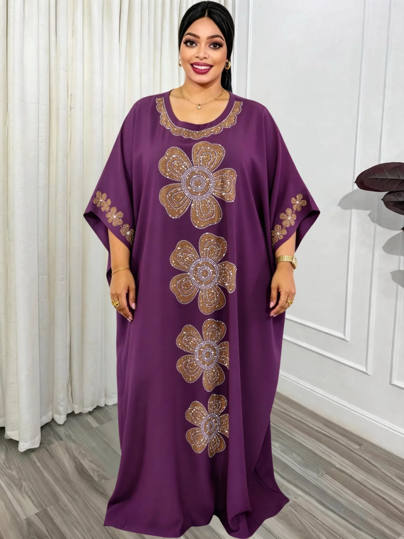 Plus Size Women Middle Eastern Traditional Abaya Robe Matching Scarf African Traditional Printed Sequin Rhinestone Islamic Dress