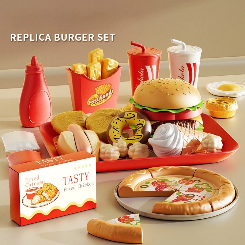 brinquedos-de-cozinha-para-criancas-imitando-comida-rapida-pacote-familiar-de-pizza-hamburguer-batatas-fritas-ovos-fritos-e-tarte