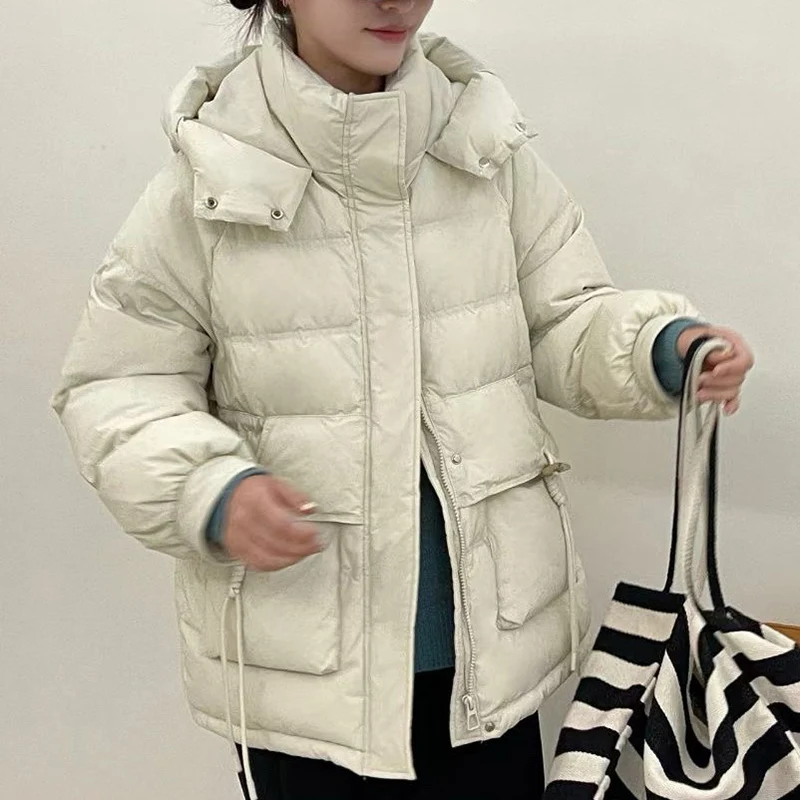 女性用の白いダックダウンジャケット,フード付きのゆったりとしたカジュアルなアウター,特大のコート,学校のファッション,7色,秋冬,2024