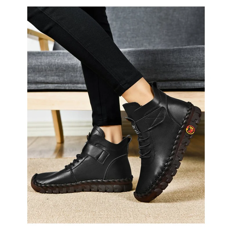 أحذية شتوية دافئة مبطنة بالصوف من القطن - أحذية نسائية مسطحة عالية الجودة على الطراز البريطاني عصرية ومتعددة الاستخدامات