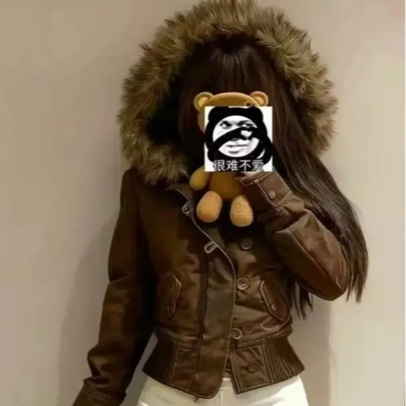 2025 European and American women's new winter retro thickened jacket brown slim-fitting unique design button zipper hoodie