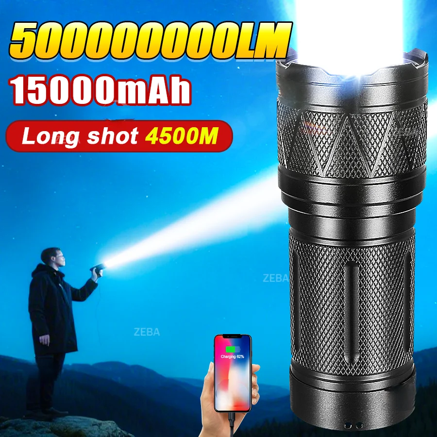 

High Power 15000mAh LED Flashlight USB Rechargeable Flashlights Powerful Long Range 4500M Tactical Torch Camping Fishing Lantern