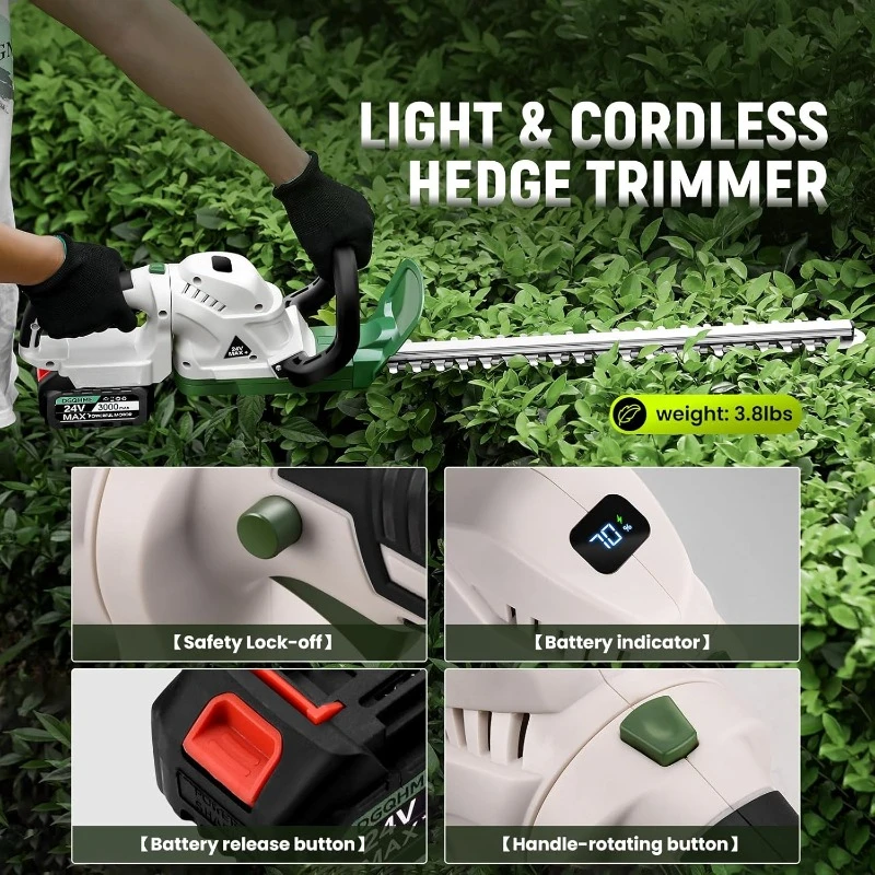 Cordless Hedge Trimmer, 24V Bush Trimmer, Handheld Hedge Grass Cutter, Grass Shrub Trimmer, Lightweight & Compact Trimmer