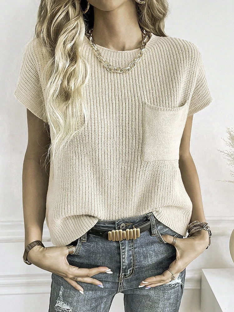 Camisola de malha de cor sólida feminina manga curta agulha grossa em torno do pescoço casual topo elegante moda wear