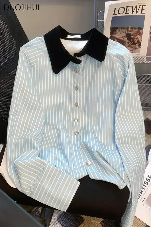 DUOJIHUI-Camisa solta listrada azul feminina, manga comprida, cor de contraste, casual, elegante, moda básica, senhora do escritório, primavera