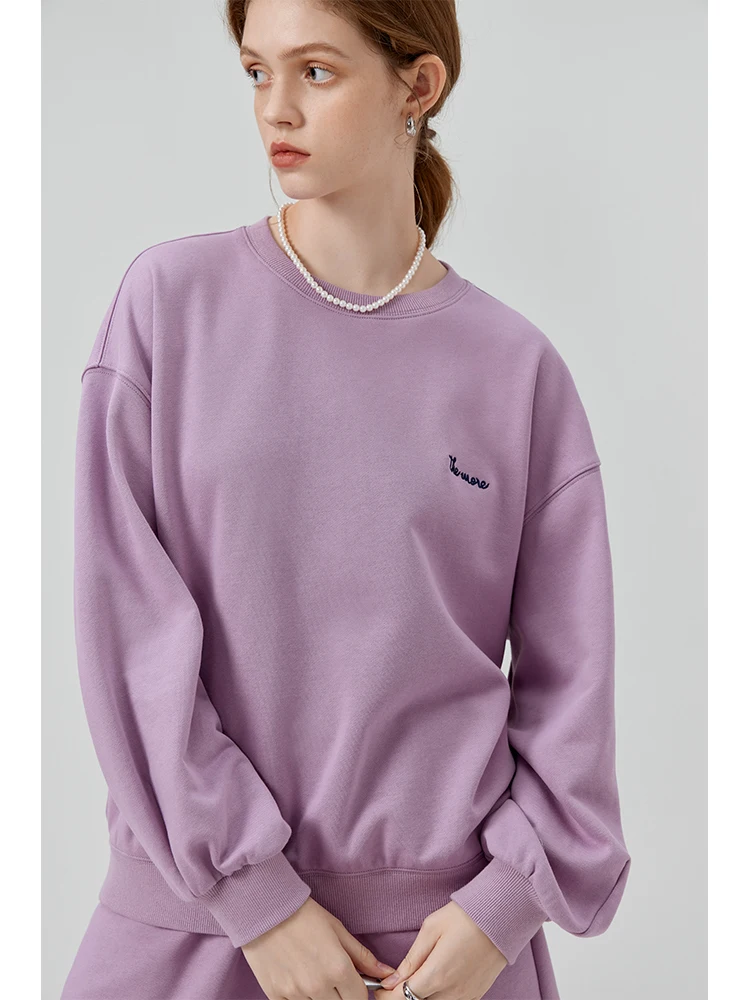 FSLE-Conjunto de sudadera y pantalones cortos para mujer, jersey de manga larga con cuello redondo y cintura elástica, color morado, 100% algodón,