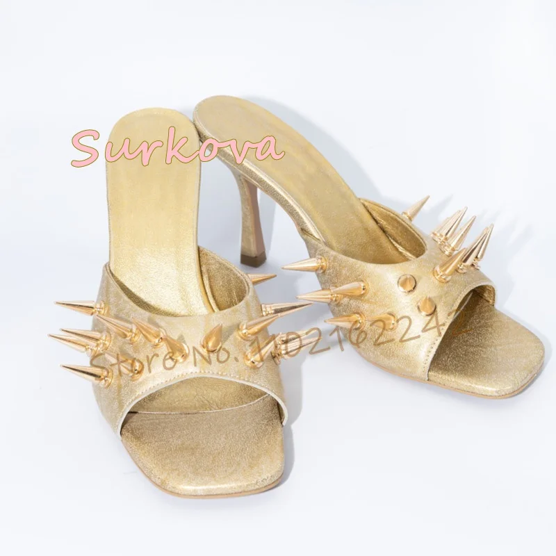 Gold Rivet Square Head Slippers Open Toe Shallow Mouth Wear Low Heel Sandals Summer Elegant Holiday Beach Slippers High Heels 43