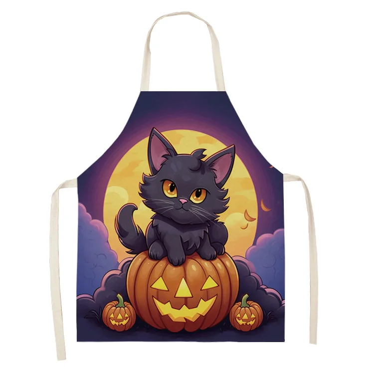 Halloween Black Cat Pumpkin Print Apron Linen Sleeveless Lace Up Kitchen Baking Stains Oil Resistant Adult and Children Cover