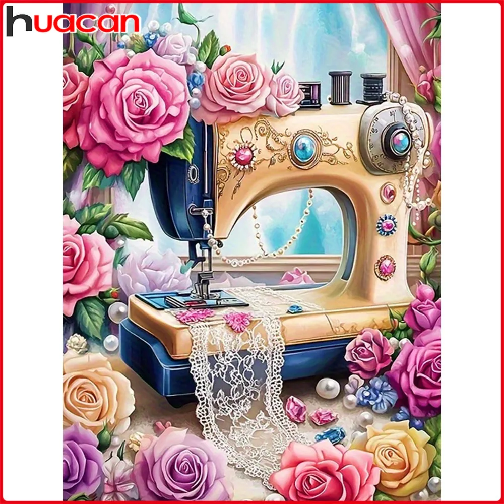 

Huacan 5D DIY Diamond Painting Rose Sewing machine Diamond Mosaic Flower New Collection Picture Of Rhinestones