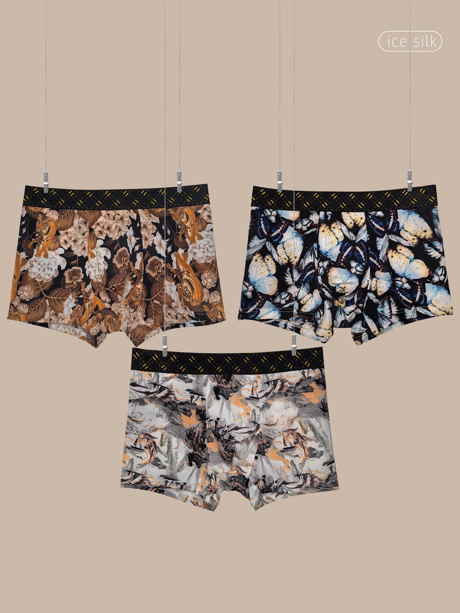 

New Fashion Printed Men Ice Silk Boxer Briefs Seamless Breathable Cool Thin Antibacterial Crotch Mid Waist Comfort Underpants