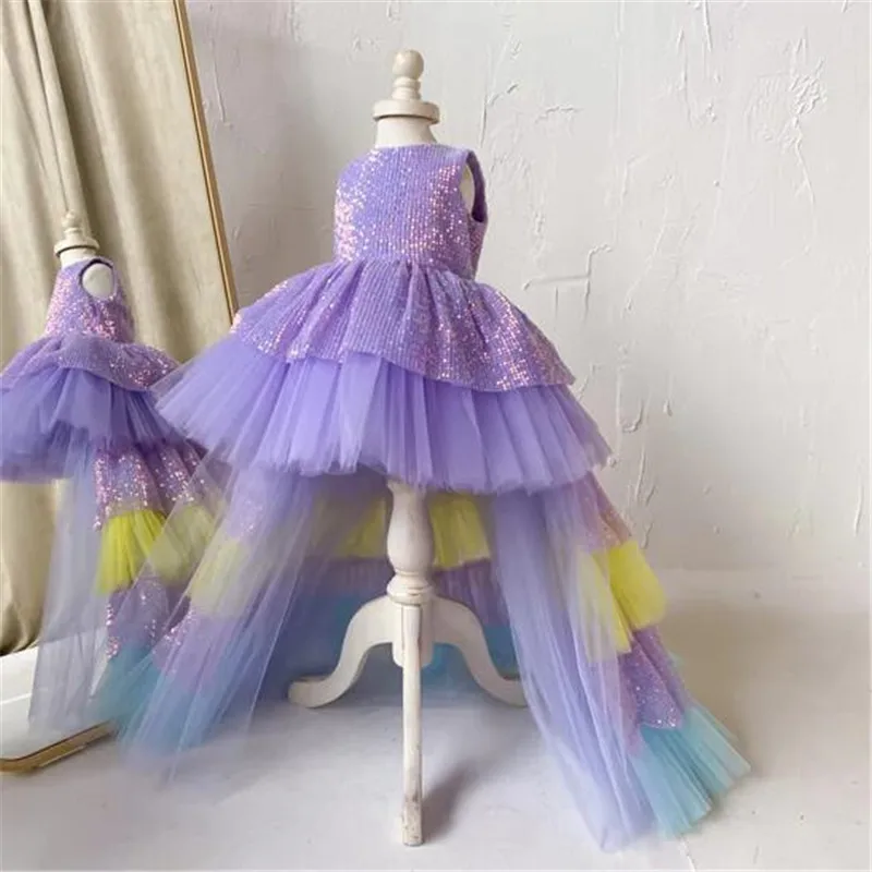 

Glitter Ball Gown Handmade Flower Girl Dress Tiered Tulle Girl's Birthday Dress Party Gown with Long Tail