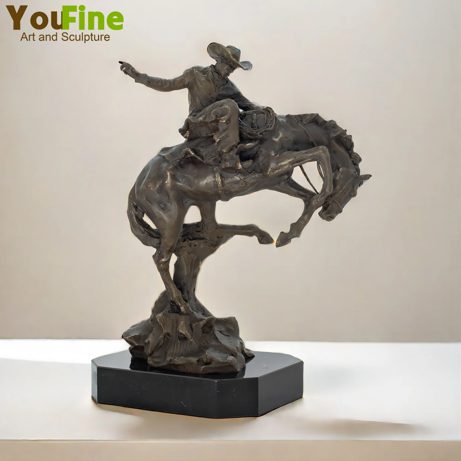 

Bronze Cowboy Riding Horse Sculpture Cowboy Training A Rearing Horse Statue With Marble Base For Home Decor Collection Crafts